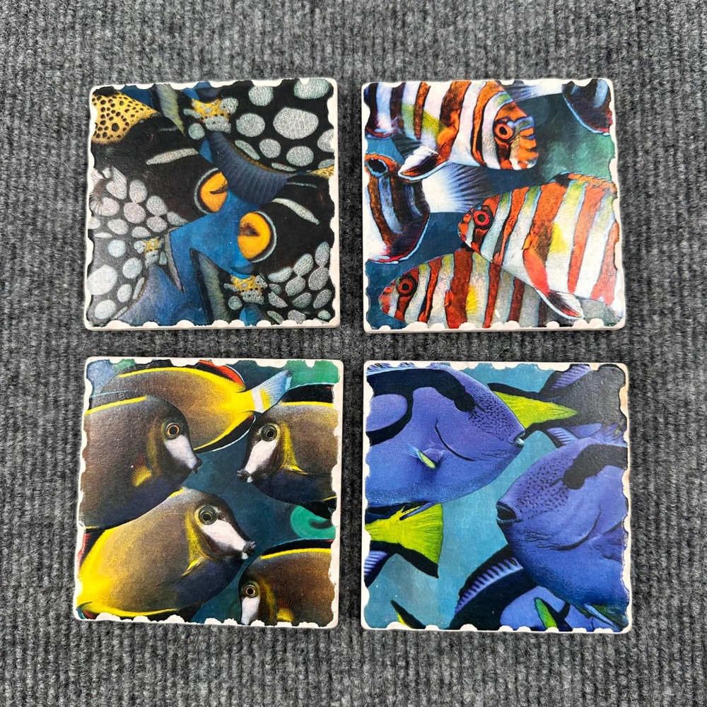 Tropical Fish Ceramic Coasters Cork Back Multicolor Nautical Marine Beach